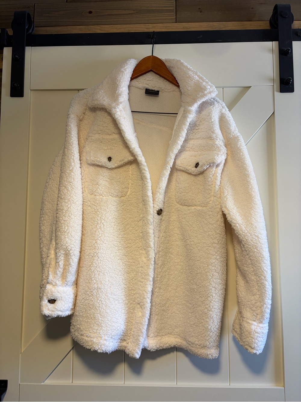 Women's Cream Teddy Sherpa Jacket with Chest Pockets